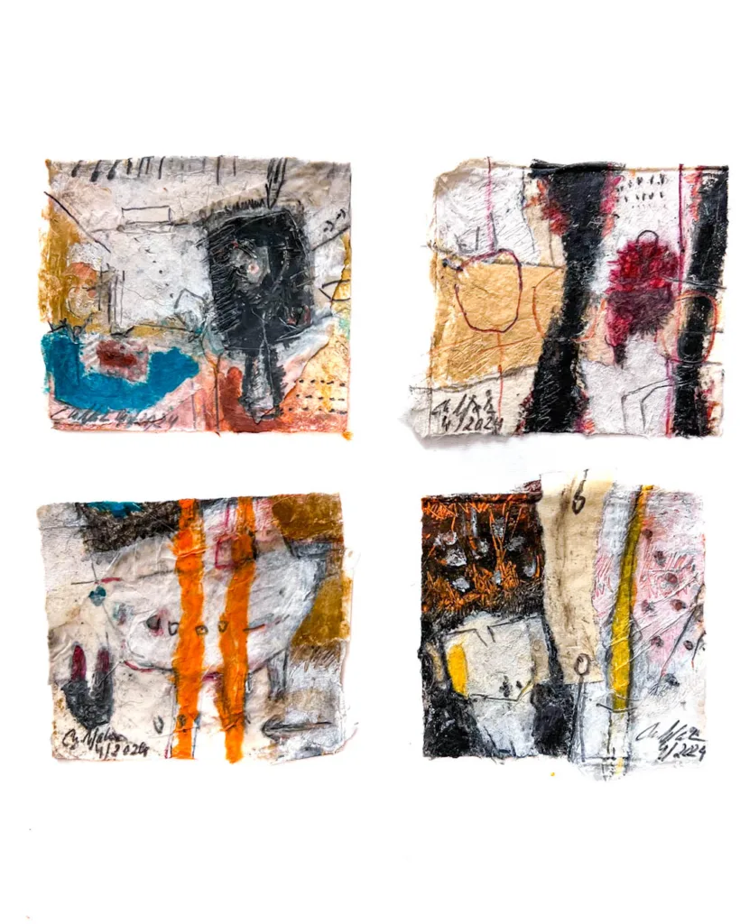 Set of 4 Tiny Mixed Media Works of Art on Paper: - Get There - Divided - Don't Miss the Boat - Travel to Universe