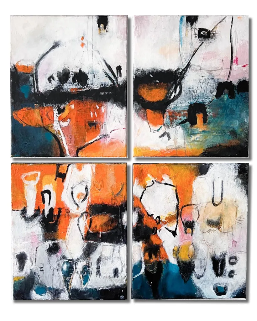 Sunset by the Sea, Set of 4 Paintings, 25 x 30 cm each, Mixed Media