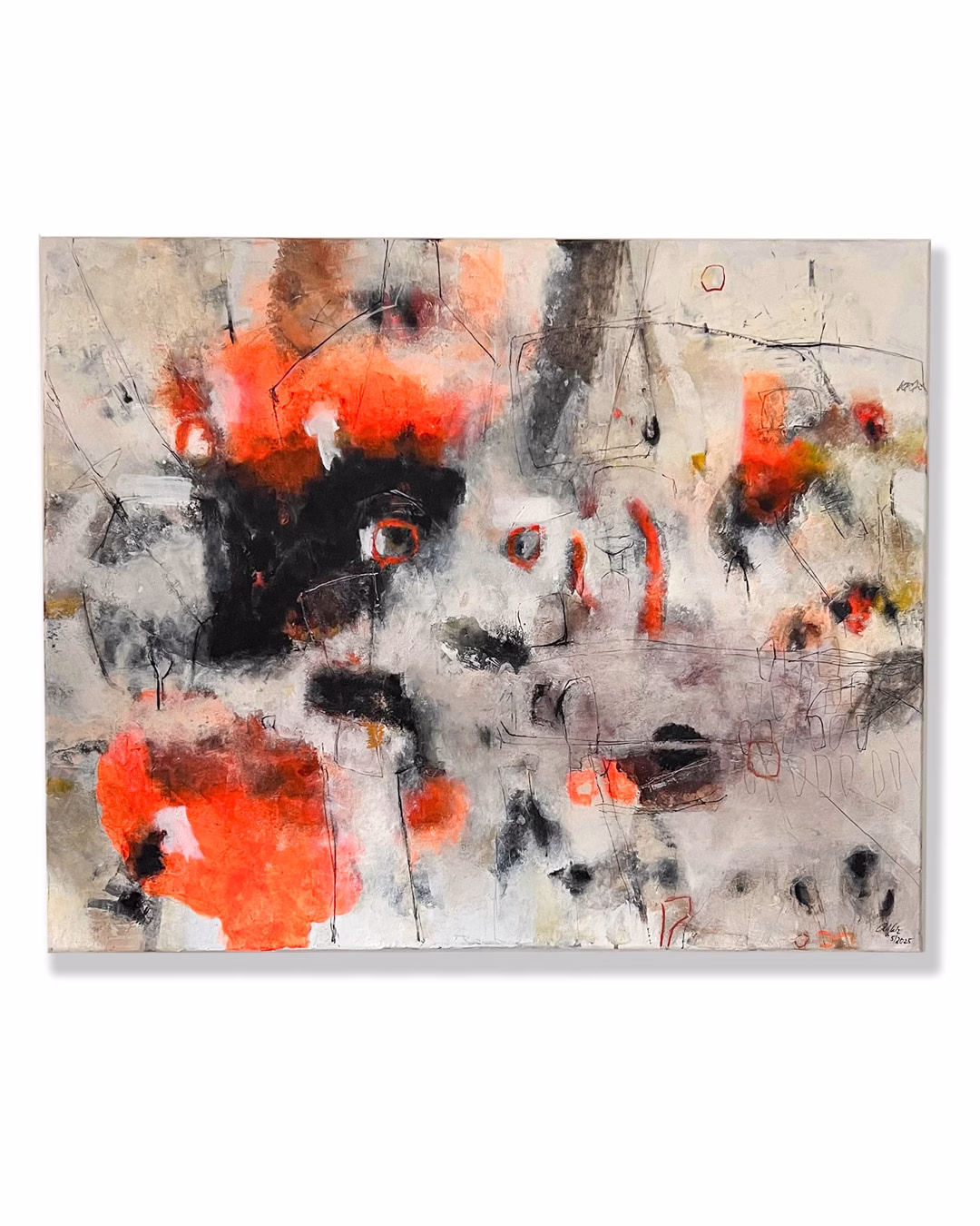 Abstraktes Originalgemälde „Can You Hear Them Sing?“ (100 × 80 cm) in Rot, Schwarz und Grau – Acryl und Mixed-Media von Christina Eva Walz.