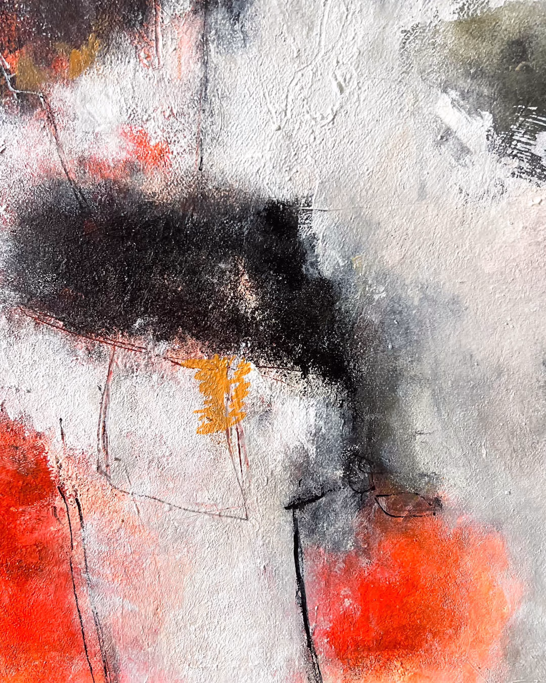 Abstraktes Originalgemälde „Can You Hear Them Sing?“ (100 × 80 cm) in Rot, Schwarz und Grau – Acryl und Mixed-Media von Christina Eva Walz.