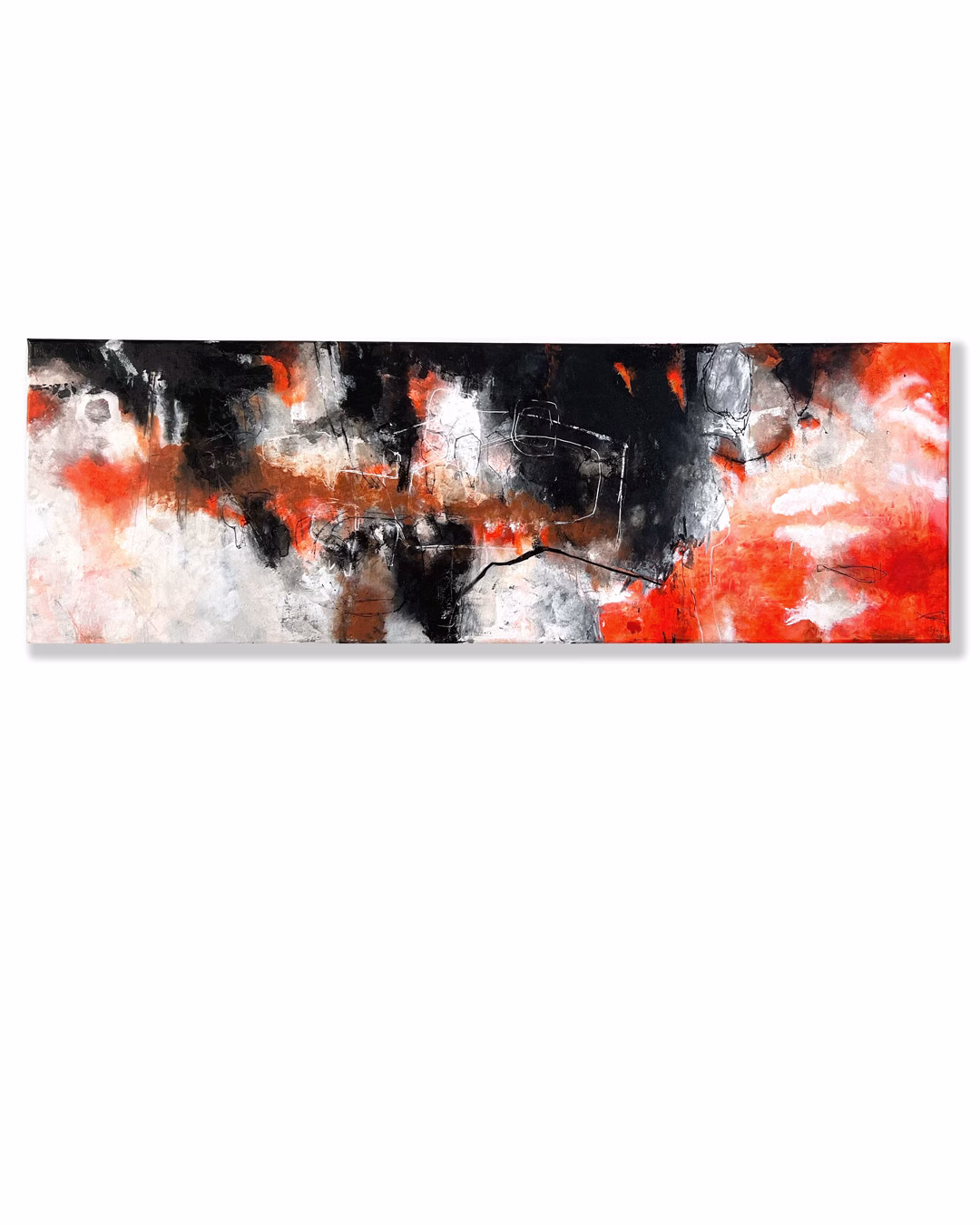 Abstraktes Acrylgemälde „Dramatic Garden“ (120 × 40 cm) in leuchtendem Orange, Schwarz und Weiß von Christina Eva Walz – Mixed-Media-Kunstwerk.
