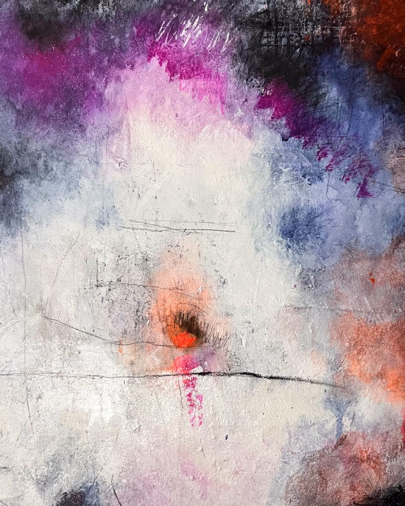 „Glowing Echoes“ Abstrakte Mixed-Media-Kunst von Christina Eva Walz, 80 x 100 x 4,5 cm