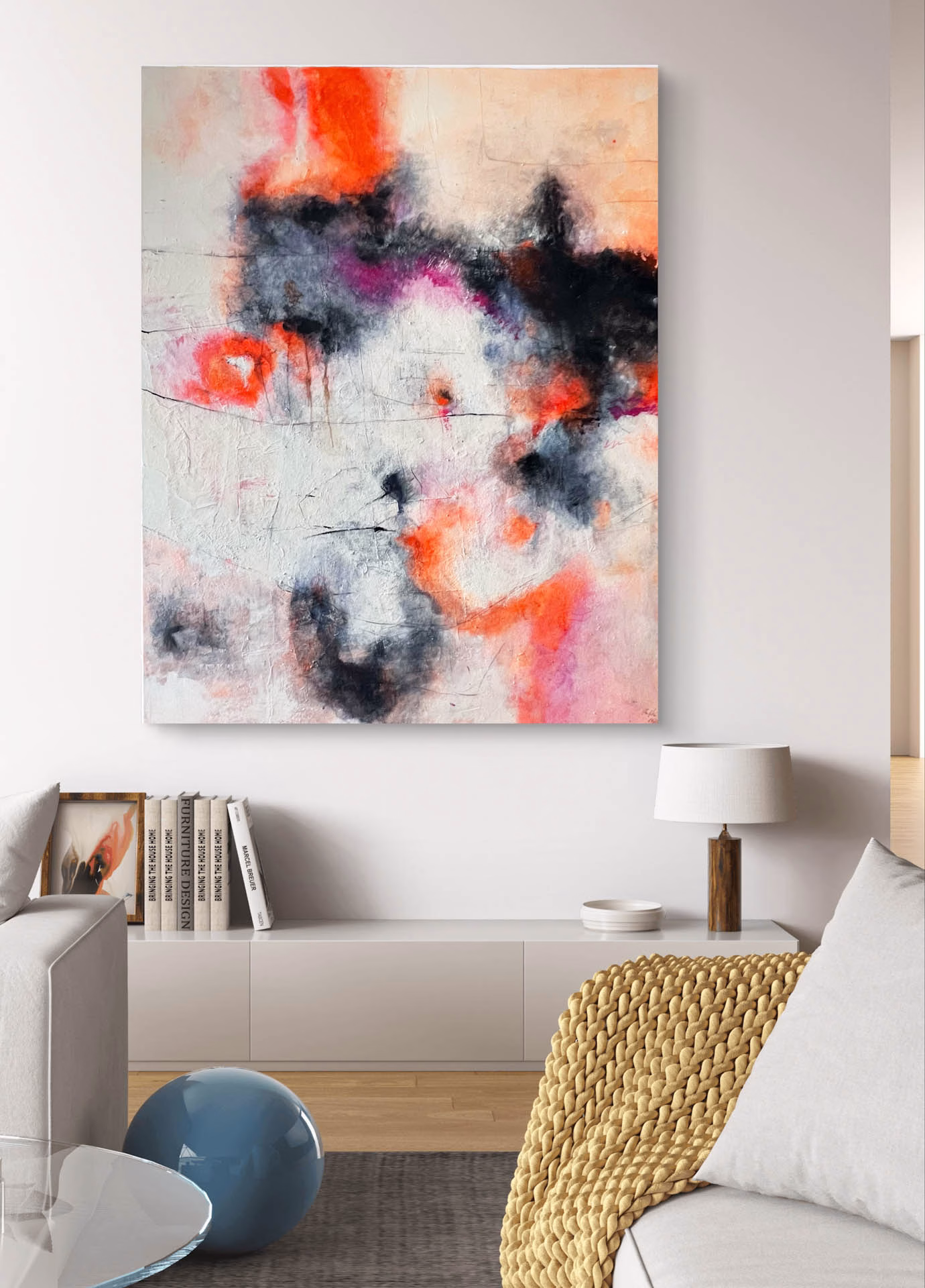 „Glowing Echoes“ Abstrakte Mixed-Media-Kunst von Christina Eva Walz, 80 x 100 x 4,5 cm