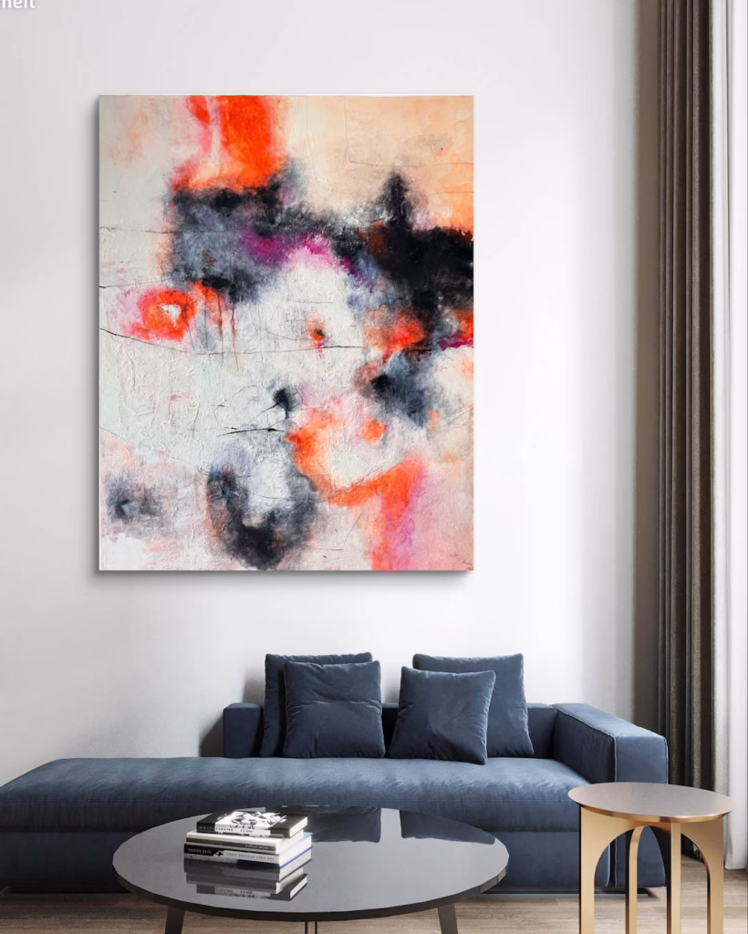 „Glowing Echoes“ Abstrakte Mixed-Media-Kunst von Christina Eva Walz, 80 x 100 x 4,5 cm