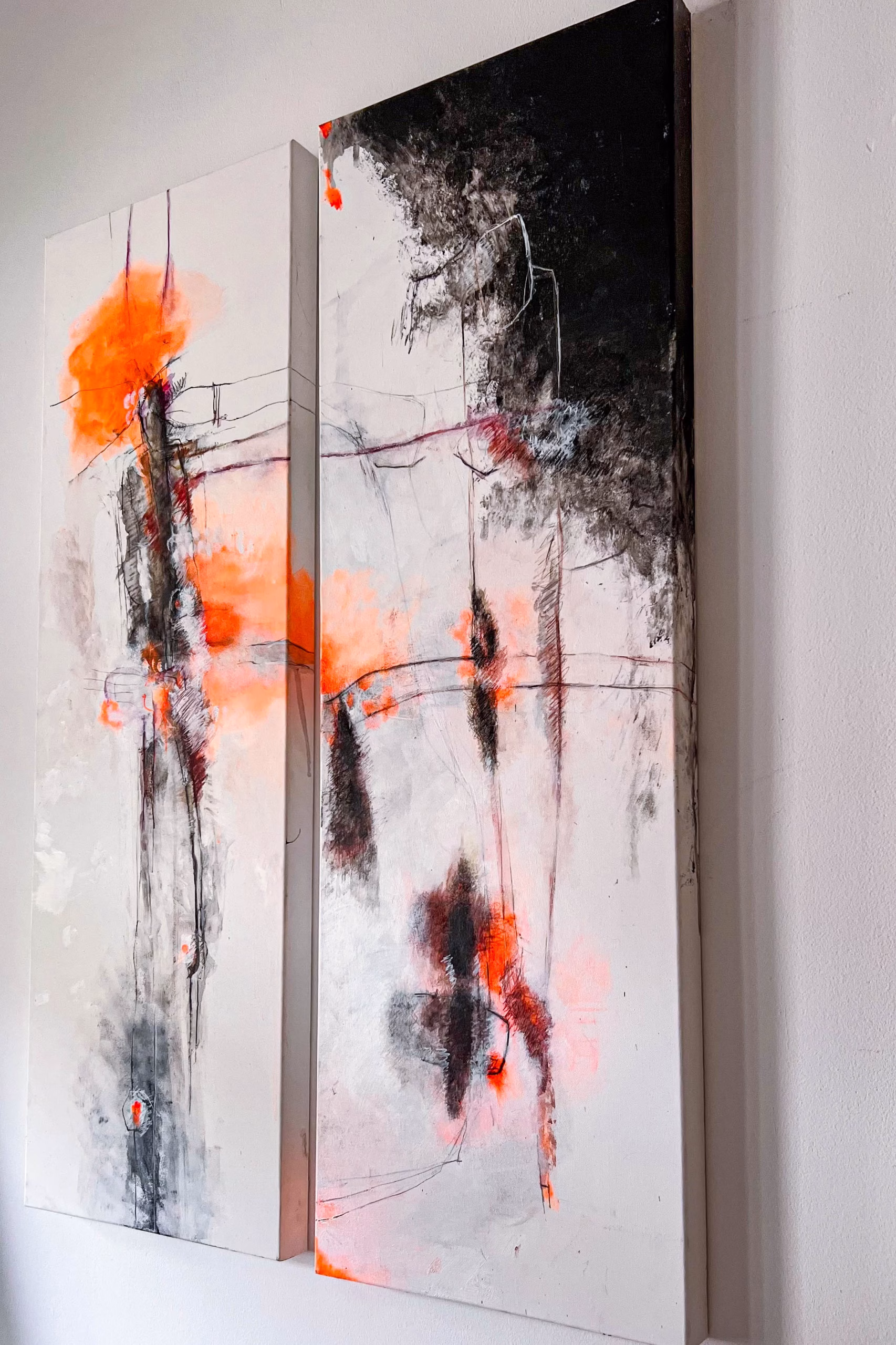 „Fragmentiertes Ich“ Mixed Media Diptychon auf Leinwand, je 40 x 120 x 4,5 cm