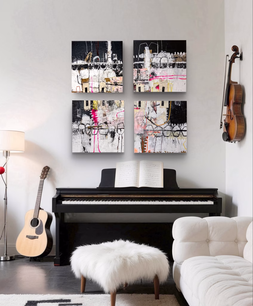 New Horizons, Mixed Media Collage on Canva, 4teilig_je 30 x 30 x 4,5 cm, 2025