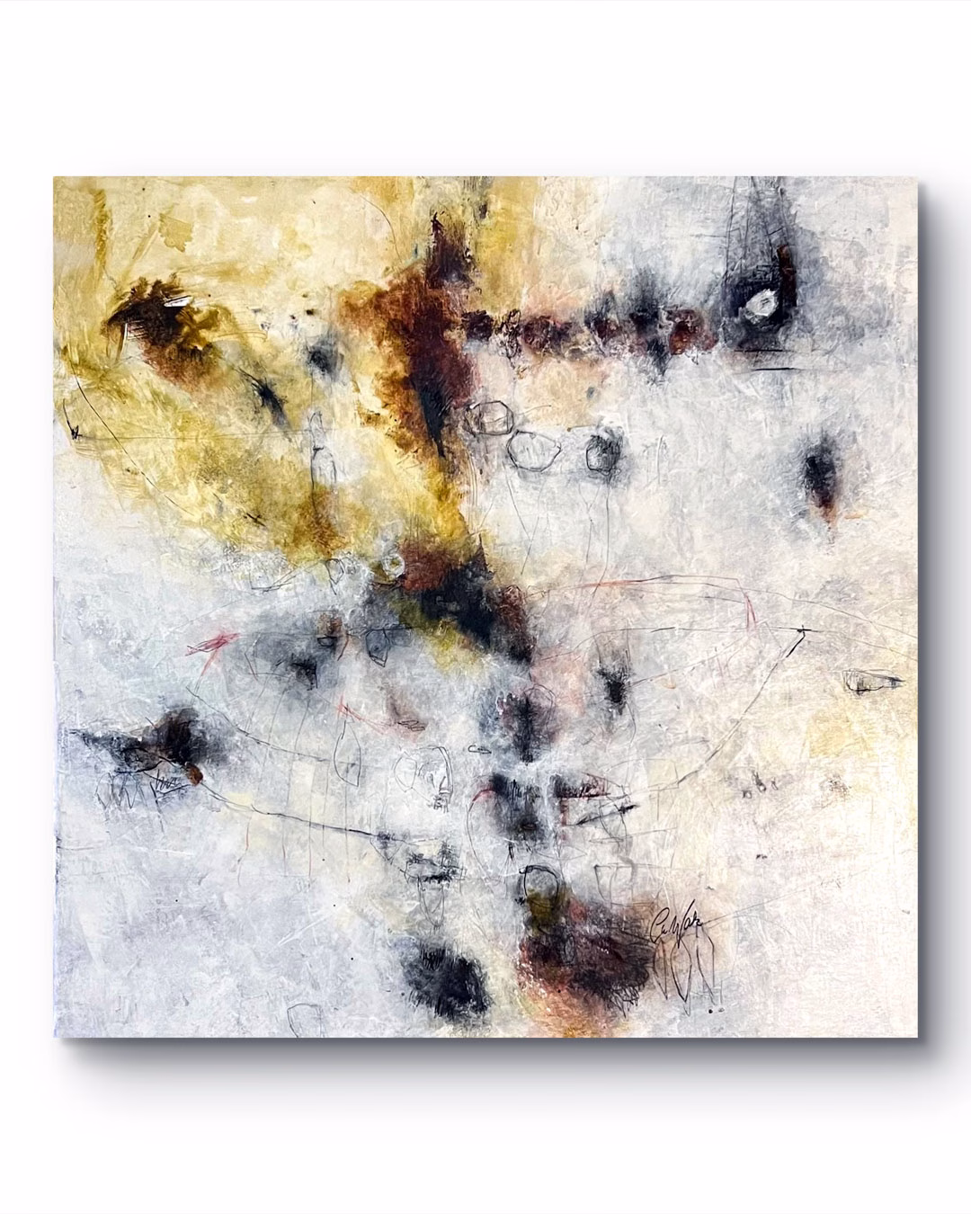 Little Secrets in Hidden Spaces, 80 x 80 cm, quadratisches Gemälde in Erdtönen, 2026