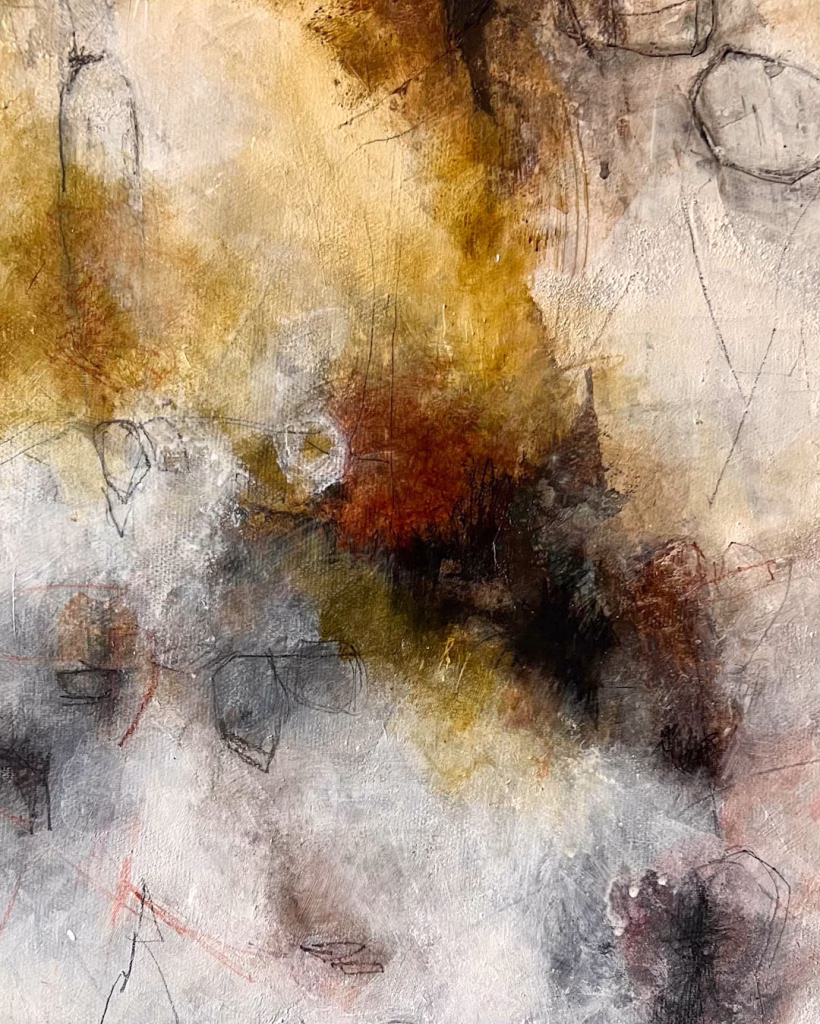 Little Secrets in Hidden Spaces, 80 x 80 cm, quadratisches Gemälde in Erdtönen, 2026