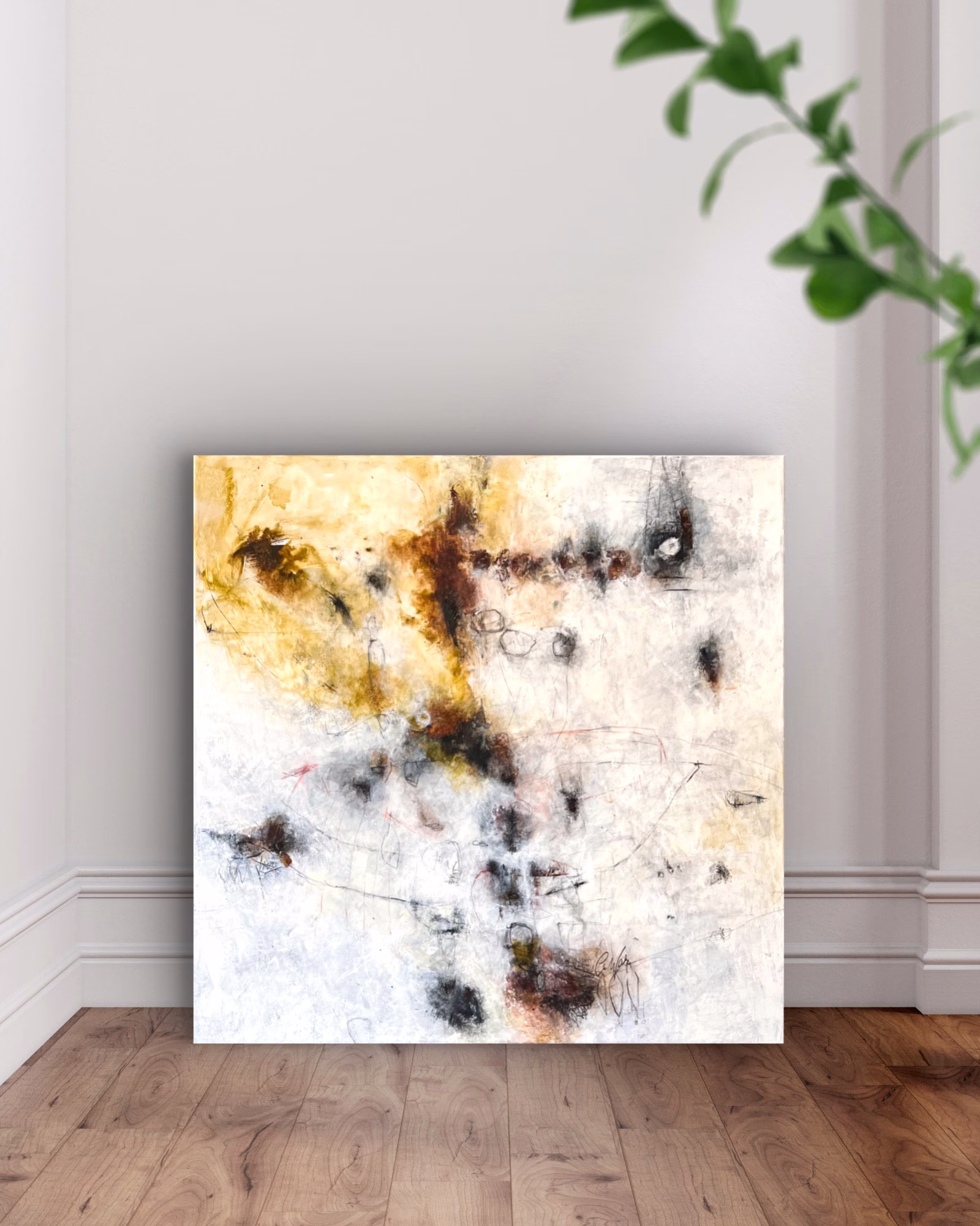 Little Secrets in Hidden Spaces, 80 x 80 cm, quadratisches Gemälde in Erdtönen, 2026