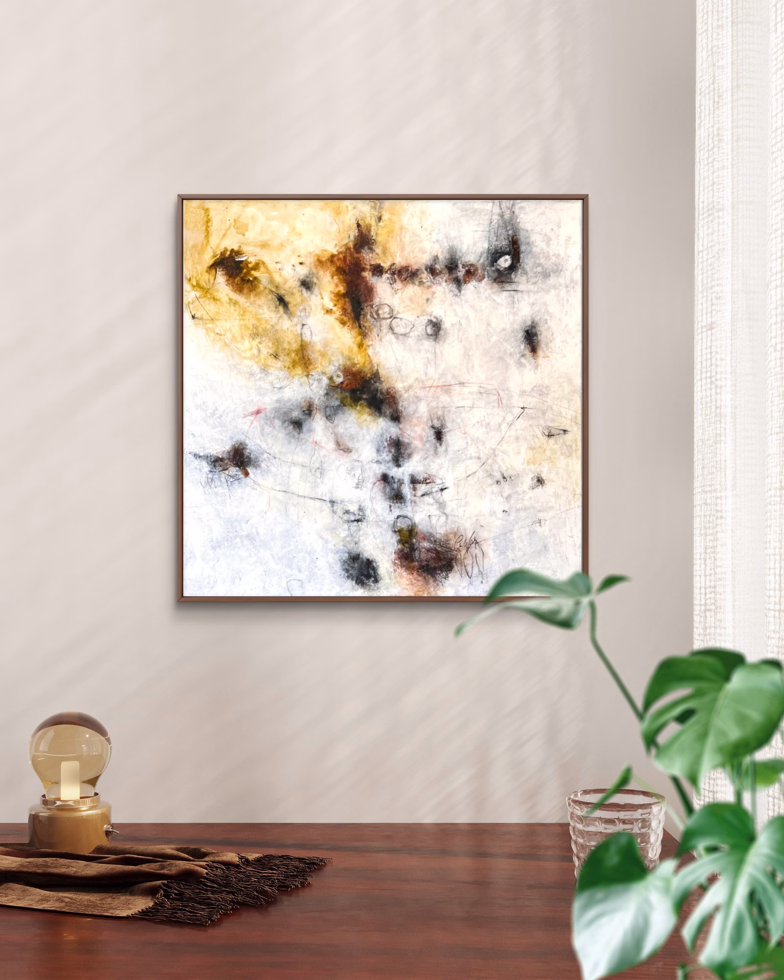 Little Secrets in Hidden Spaces, 80 x 80 cm, quadratisches Gemälde in Erdtönen, 2026